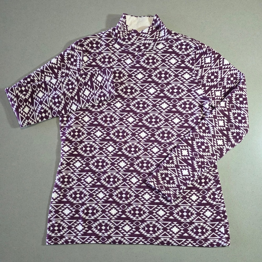 Duluth Trading Co Women Purple White Southwestern Mock Neck Coolmax Top Large